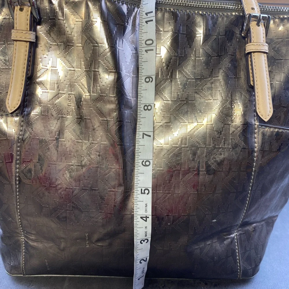 Michael Kors Jey Set Logo Metallic Shiny Silver‎ Tote with Tan Handles